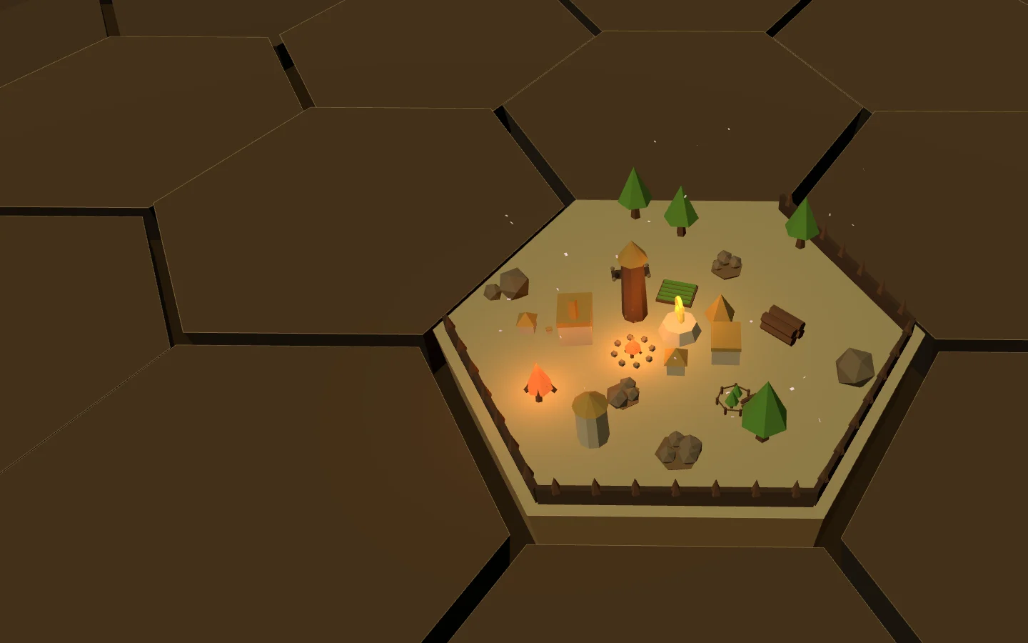 A single campfire on an unclaimed hex at dusk, surrounded by trees and loose stone.