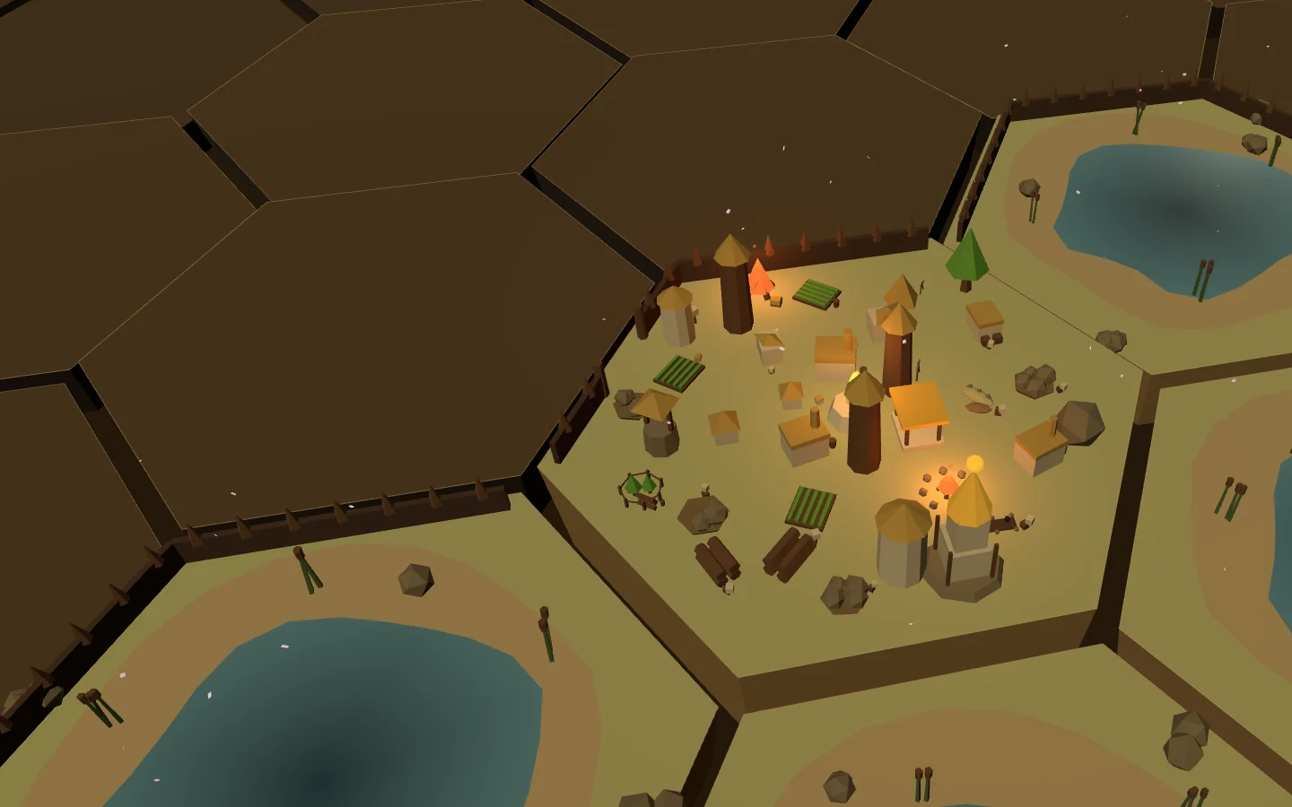 A palisaded village of huts, farms and drying racks on a lit hex, with a lake on the tile beyond.